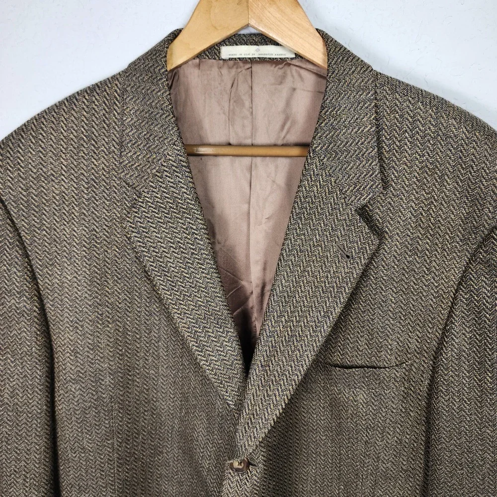 Joseph Abboud Patrick James Silk Wool Herringbone Blazer 46R Brown Vintage Work